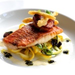 Pan-fried-red-mullet-on-courgette-tagliatelle-with-seared-Scottish-scallops-purple-basil-pesto-and-smoked-garlic-Robert-Thompson